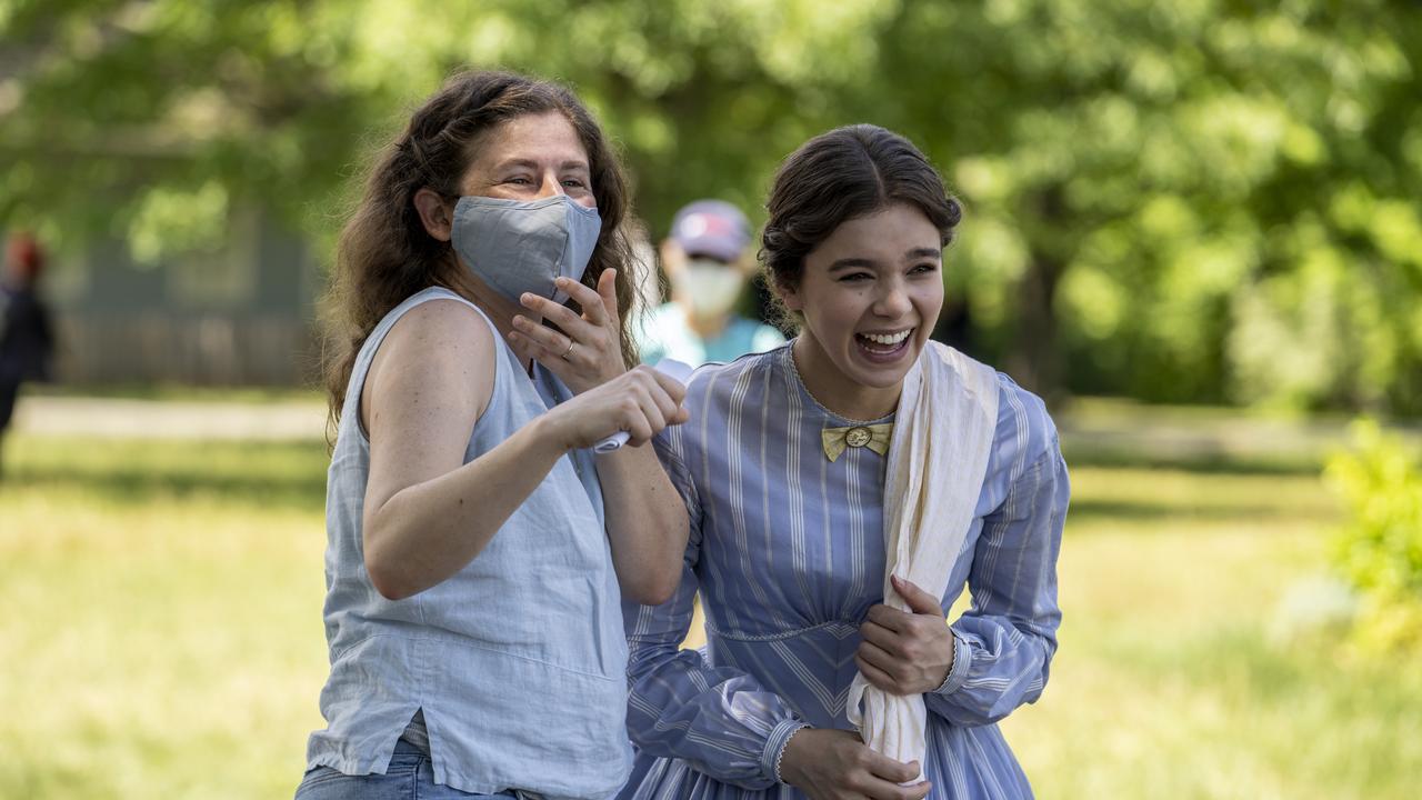 Alena Smith on set with Hailee Steinfeld on the third season of Dickinson. Picture: Apple TV