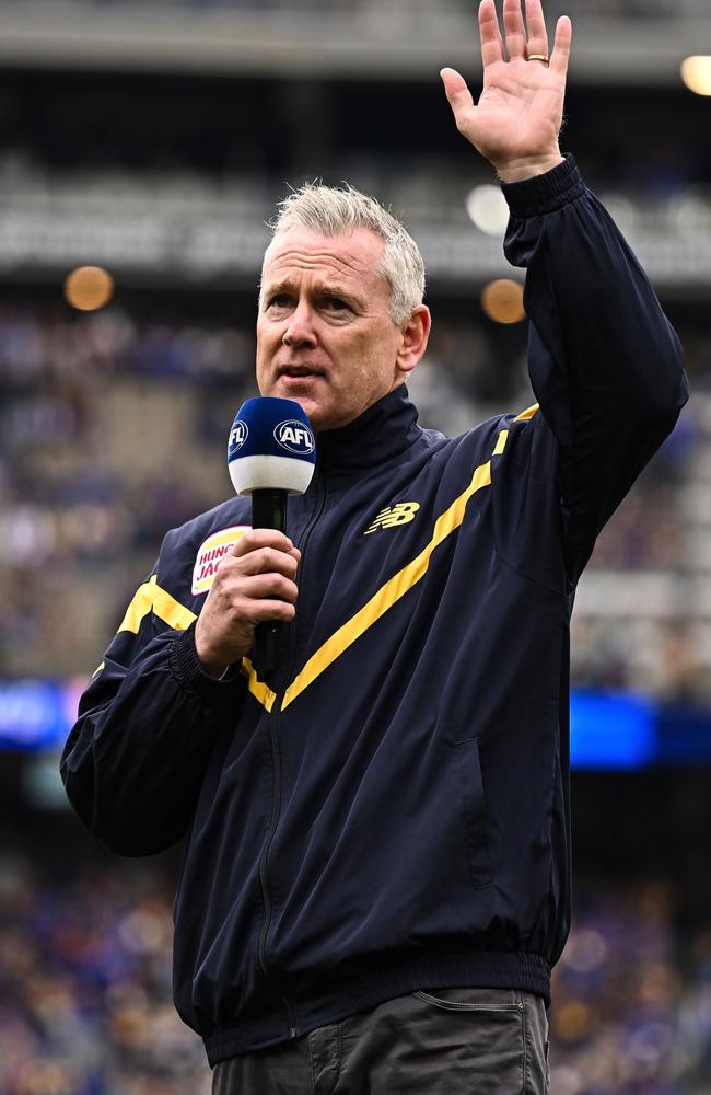 Adam Simpson was replaced by Andrew McQualter. Picture: Daniel Carson/AFL Photos via Getty Images