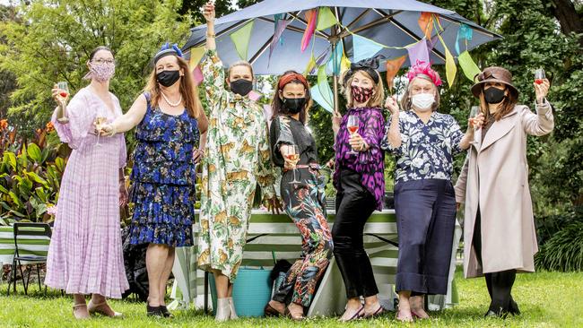 Jane Rosham, Amanda Gilligan, Biddy Van Aanholt, Tracey McDonald, Sharon Macdonald, Liz Shaw and Helen Lukis have been celebrating Oaks Day together for more than 20 years – this is the first year they’ve done so away from Flemington. Picture: Tim Carrafa