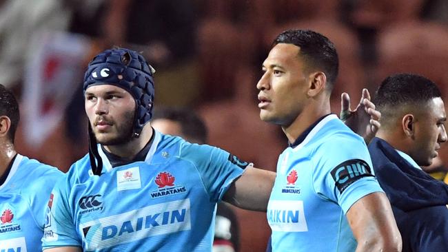 Michael Wells and Israel Folau after the Waratahs’ loss to the Chiefs at Waikato Stadium last weekend