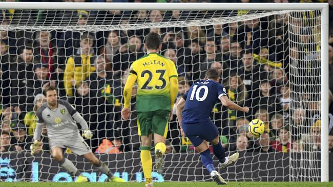 Tottenham’s Harry Kane slots home a penalty against Norwich. Picture: PA
