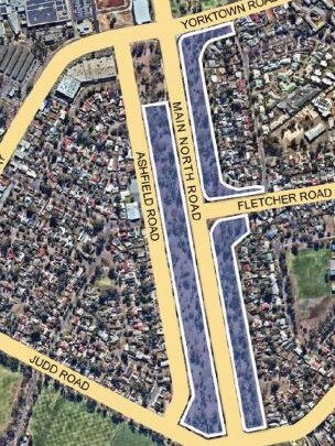 The council could sell community land highlighted in blue on Main North Rd. Picture: Playford Council.