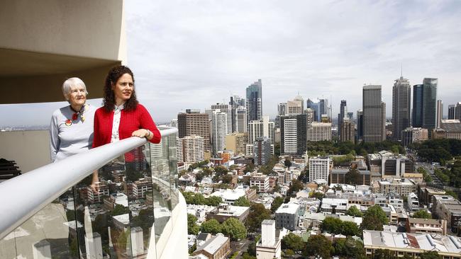 L to R; The Hon Elizabeth Evatt AC and her niece Polly Seidler (daughter of Harry) on a balcony at Horizon. The Horizon Building in Darlingurst designed by Harry Seidler is now 23 years old. Picture: John Appleyard