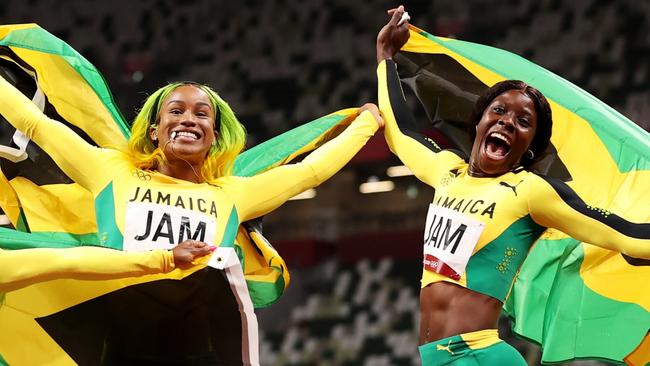 (FILE PHOTO) Olympic Champion Shelly-Ann Fraser-Pryce To Retire after Olympics Paris 2024 TOKYO, JAPAN - AUGUST 06: Briana Williams, Elaine Thompson-Herah, Shelly-Ann Fraser-Pryce and Shericka Jackson of Team Jamaica celebrate winning the gold medal in the Women's 4 x 100m Relay Final on day fourteen of the Tokyo 2020 Olympic Games at Olympic Stadium on August 06, 2021 in Tokyo, Japan. (Photo by David Ramos/Getty Images)