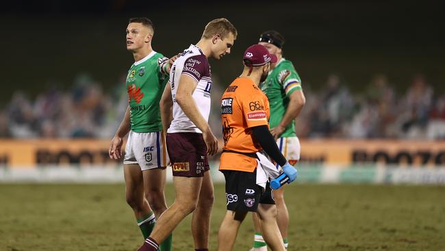 Tom Trbojevic leaves the field with another hamstring injury. Picture: Getty