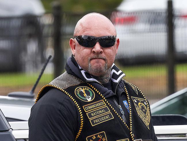 Comanchero Motorcycle Club  President Mick Murray with other members arrive for lunch in  Tooradin. Picture : Ian Currie