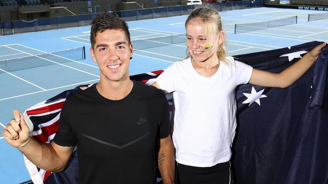 TENNIS - Thanasi Kokkinakis at the World Tennis Challenge launch on Wednesday with Emily Briggs, 10, at Memorial Drive. Picture: Sarah Reed