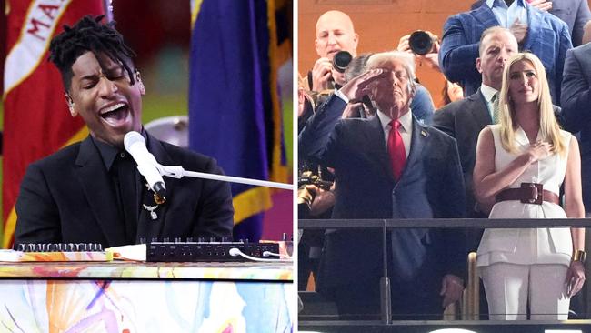 Jon Batiste as Donald Trump watches on. Photo: Getty.