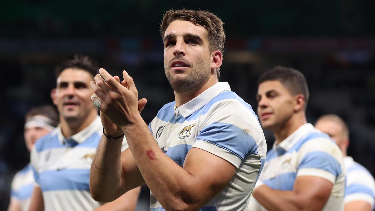 SAINT-ETIENNE, FRANCE - SEPTEMBER 22: Juan Cruz Mallia of Argentina applauds the fans at full-time following the Rugby World Cup France 2023 match between Argentina and Samoa at Stade Geoffroy-Guichard on September 22, 2023 in Saint-Etienne, France. (Photo by Jan Kruger/Getty Images)