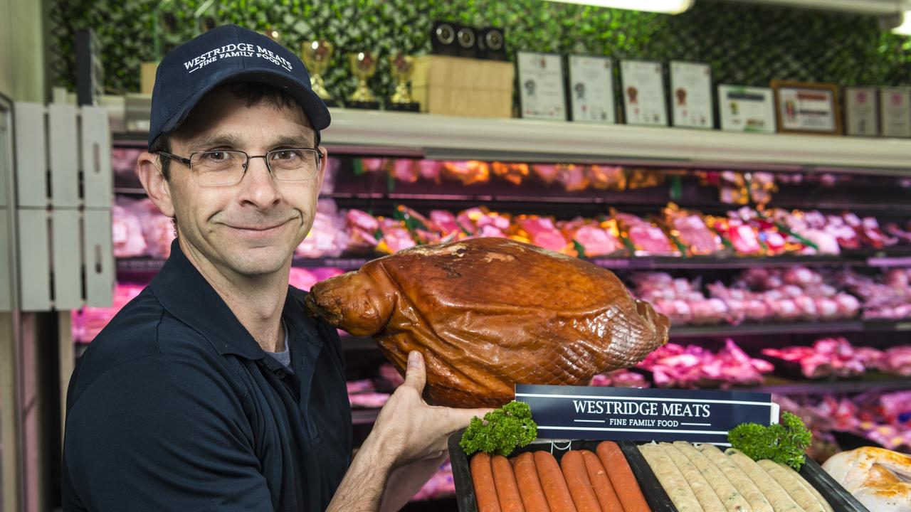 Westridge Meats owner Luke Jensen with gourmet sausages awarded silver and ham awarded gold at the AMIC awards. Picture: Kevin Farmer