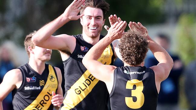 Glenelg big man Liam McBean celebrates a goal. His Tigers are tipped to play in the Top End in January. Picture: Sarah Reed