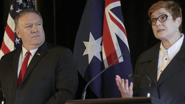 US Secretary of State Mike Pompeo listens as Australian Foreign Minister Marise Payne makes a point during a press conference. Picture: AP