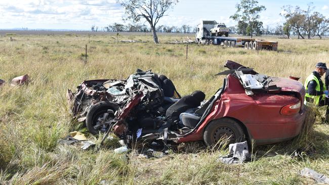 Emergency services rushed to a car and truck collision along the Warrego Highway in Bowenville on June 18. Picture: Sam Turner