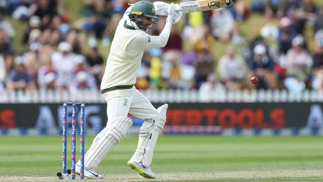 Nathan Lyon bats during day three of the First Test. Picture: Getty Images.