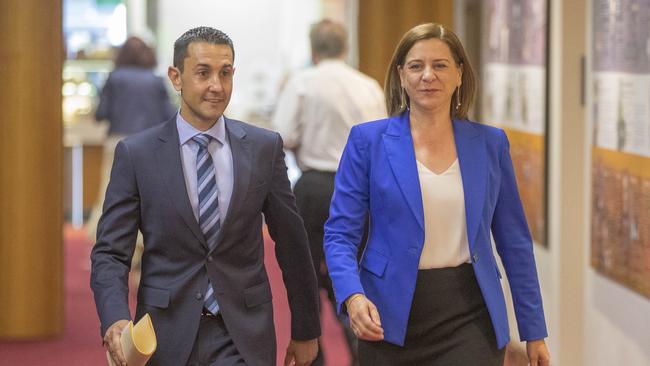 David Crisafulli and Deb Frecklington arrive at the LNP partyroom on Thursday ahead of the leadership contest. Picture: Peter Wallis