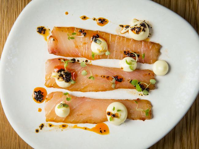 Chemen cured swordfish, kewpie mayo, preserved lemon and shallot. Picture: Eugene Hyland.