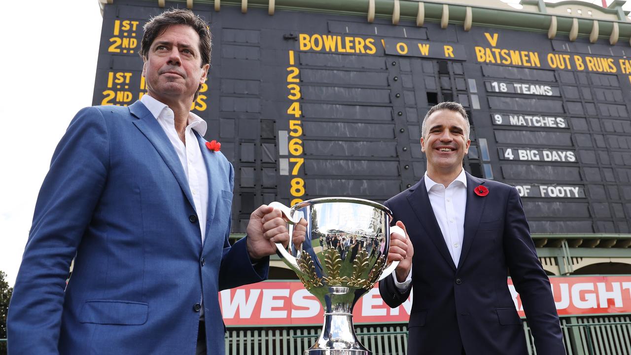 AFL CEO Gillon McLachlan and SA Premier Peter Malinauskas after the AFL announced South Australia would host of an extra round of footy next season.