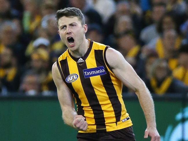 AFL Semi Final Hawthorn v Western Bulldogs at the M.C.G., 16th September , Melbourne Australia. Hawthorn's Liam Shiels celebrates his goal in the second quarter Picture : George Salpigtidis