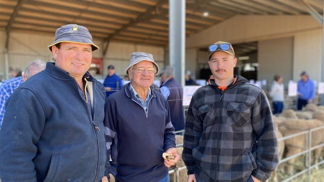 Three generations of the Forbes family – Brendan, Peter and Josh – from Lockhart, NSW, were some of the repeat buyers at the Trigger Vale stud at Lockhart, NSW. They have been buying Trigger Vale rams for almost 50 years.