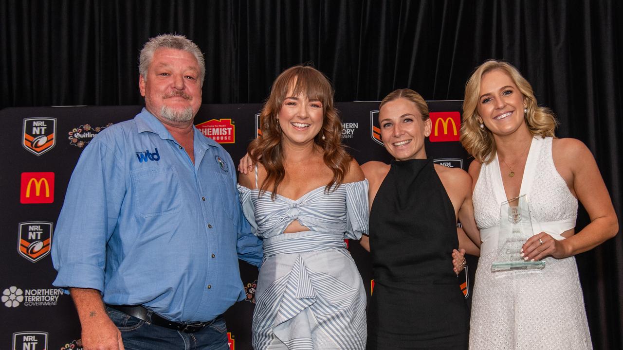 John Adams, Zoe Martin, Hannah Taylor and Georgie Dickerson at the 2023 NRL NT Frank Johnson / Gaynor Maggs medal night. Picture: Pema Tamang Pakhrin