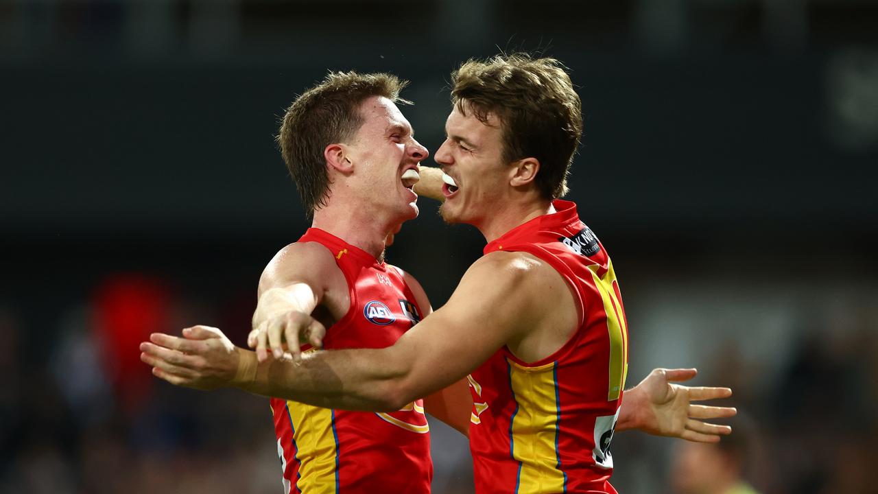 Noah Anderson and Charlie Ballard at the final siren. Picture: Chris Hyde/Getty Images