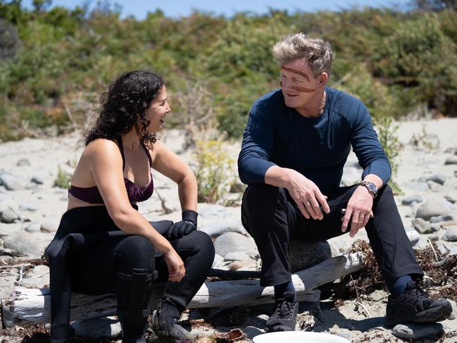 Analiese and celebrity chef Gordon Ramsay discuss the bounty of fresh seafood during the filming of his National Geographic series, Uncharted. (NATIONAL GEOGRAPHIC/JUSTIN MANDEL)