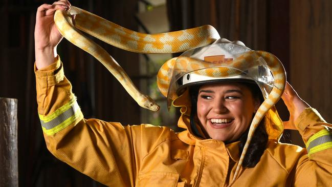 Icons of Hahndorf 2025 Calendar_March. Hahndorf CFS firefighter Holli Pietrobon at Hahndorf Farm Barn with Rumplesnakeskin. Photo: Tricia Watkinson*COPYRIGHT HAHNDORF CFS*