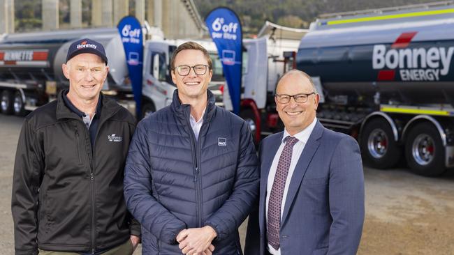 Bonney Energy CEO Greg Niven, RACT Group CEO Mark Mugnaioni and Bennett's Petroleum CEO Troy Bennett. Picture: RACT/Richard Jupe