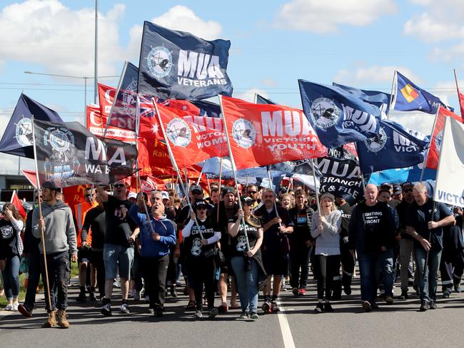 08/12/2017: MUA members arrive as Union members join together with the MUA to protest outside Victoria International Container Terminal in Melbourne. Stuart McEvoy for The Australian.