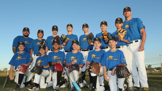 Gold Coast Cougars coach Klae Calvert (far right) will fly the team to the Little League World Championships in the US this month. Picture: Mike Batterham