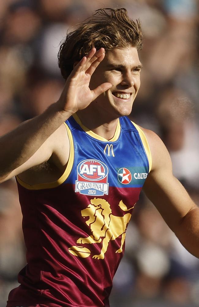 Deven Robertson celebrates a goal during last year’s Grand Final. Picture: Daniel Pockett/AFL Photos/via Getty Images