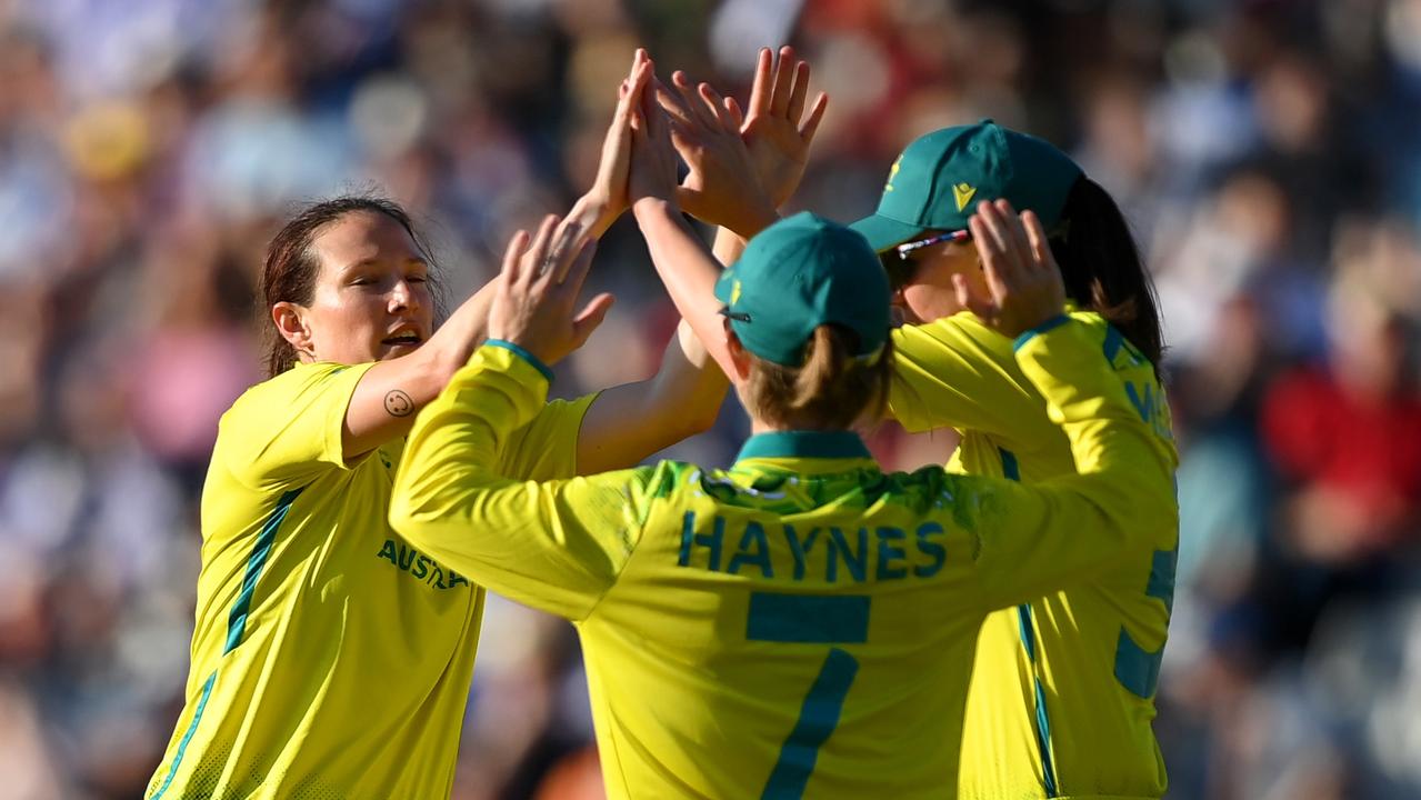 Megan Schutt enjoys a wicket.