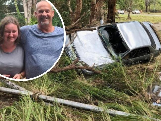 Krystal and Lenny Cain spend hours clinging to a tree in floodwaters before Krystal was swept away. Photo: Supplied