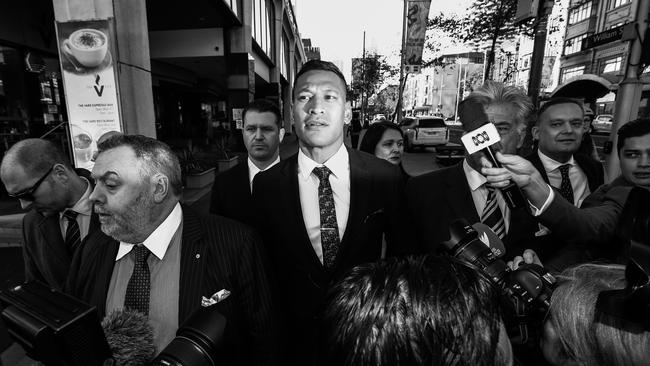 Israel Folau arrives ahead of his conciliation meeting with Rugby Australia at Fair Work Commission on Friday.