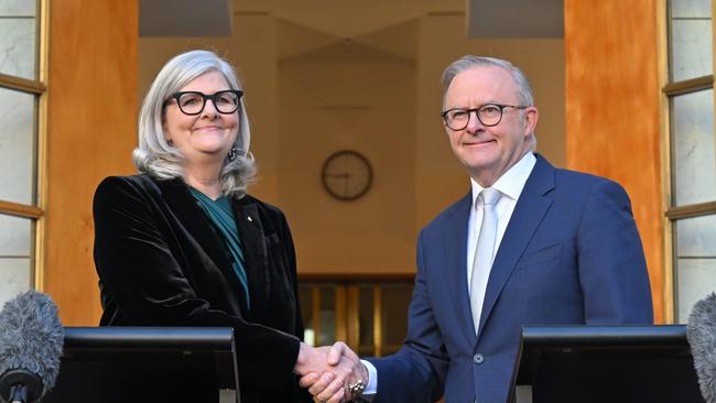 Incoming governor-general Sam Mostyn and Prime Minister Anthony Albanese at a press conference at Parliament House in Canberra in April. Picture: AAP Image