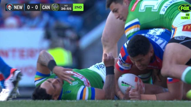 Canberra’s Hohepa Puru was knocked out cold early against the Knights. Fox League