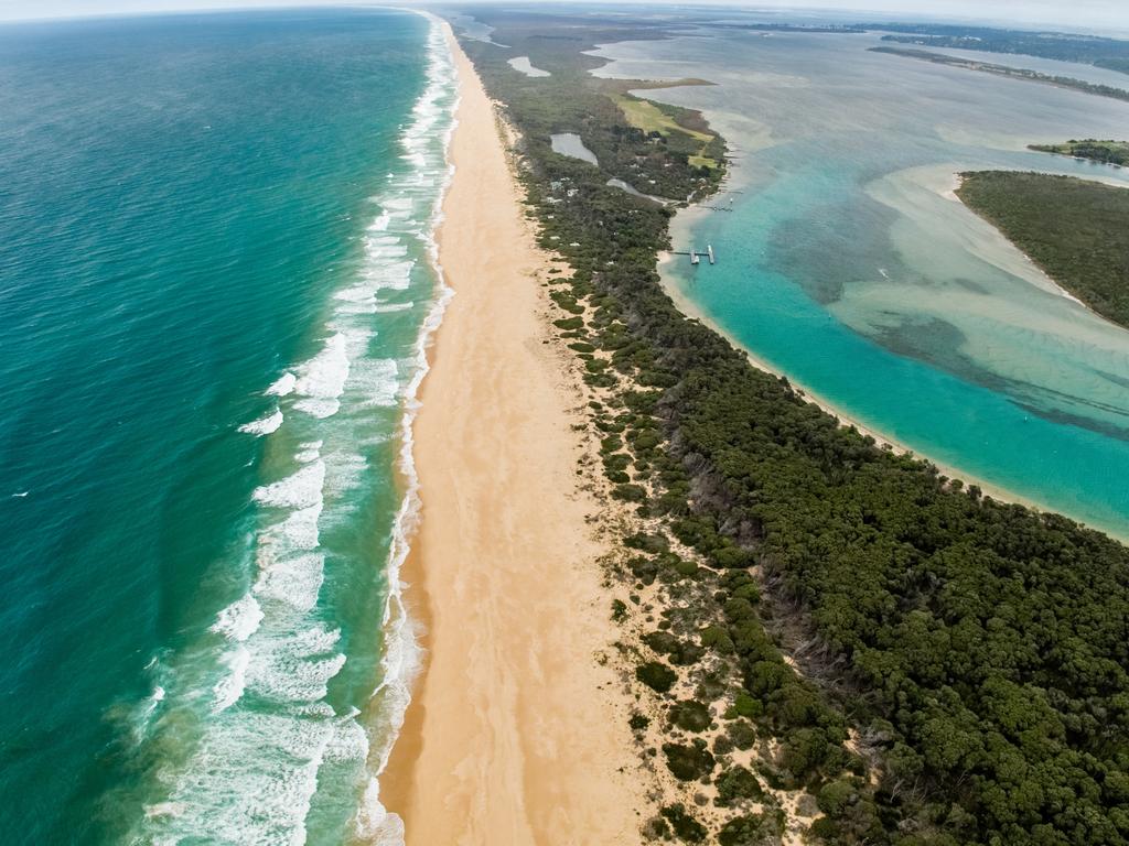 Aerial shot of the Gippsland Lakes region and Ninety Mile Beach. Picture: Visit Victoria
