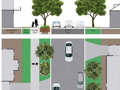 A graphic depicting regulations brought in by Moreton Bay Regional Council requiring new roads to allow vehicles to park on both sides while accommodating through traffic. Picture: Moreton Bay Regional Council