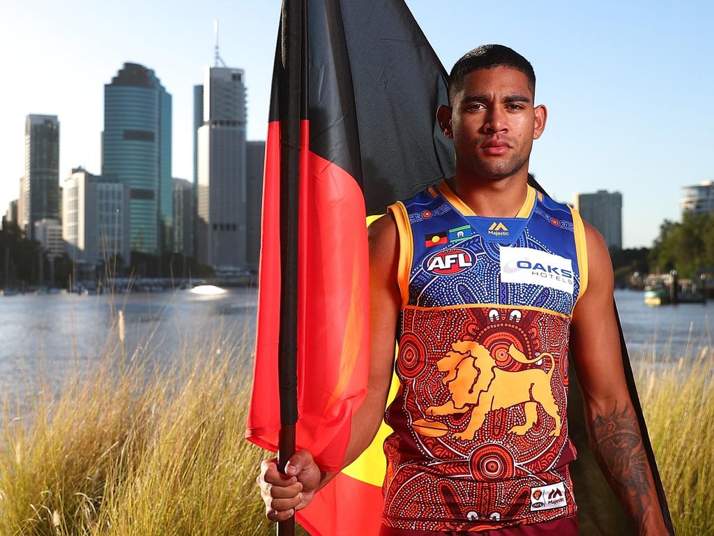 BRISBANE, AUSTRALIA - MAY 15:  Brisbane Lions player Cedric Cox poses in the Lions AFL Indigenous Round guernsey on May 15, 2018 in Brisbane, Australia.  (Photo by Chris Hyde/AFL Media/Getty Images)