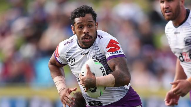 Melbourne's Josh Addo-Carr makes a break during the Manly Sea Eagles v Melbourne Storm NRL match at Lottoland, Brookvale. Picture: Brett Costello