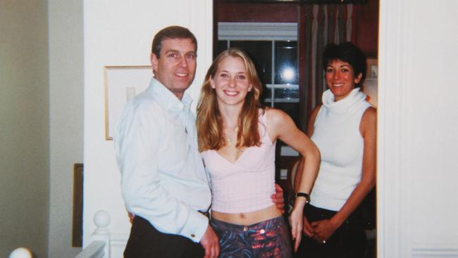 Prince Andrew with a young Virginia Guiffre (then Roberts) and Maxwell.