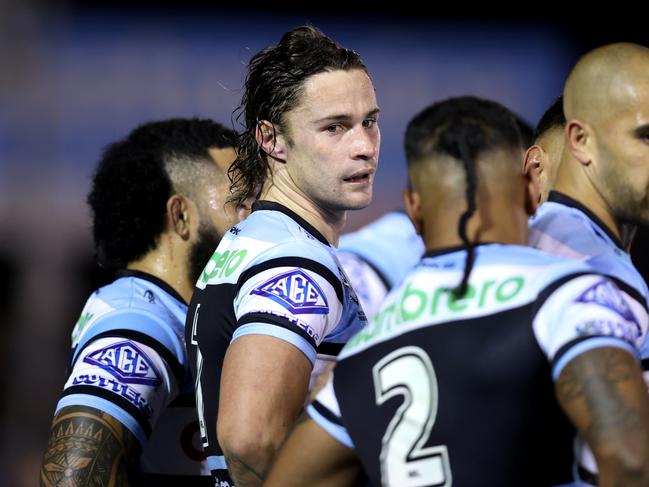 Nicho Hynes’s hopes of retaining his NSW Blues jersey have suffered a blow, as the Sharks fell short against the Dolphins. Picture: Getty Images