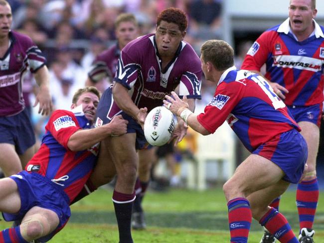 John Hopoate in action for the Northern Eagles against Newcastle in Gosford during the 2002 NRL season.