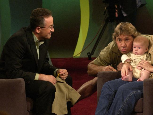Mar 2004 : Crocodile Hunter Steve Irwin (C) with wife Terri & baby son Robert during tv interview with Andrew Denton on ABC channel's "Enough Rope with Andrew Denton - families /Enough
