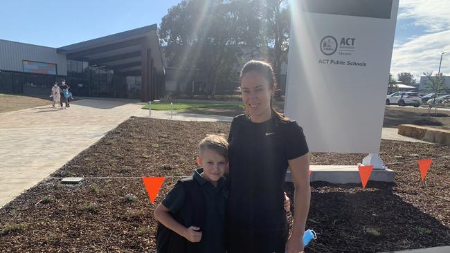 Year 5 student Noah Griinke and his mother Lena Kent at Throsby School. Picture: Julia Kanapathippillai