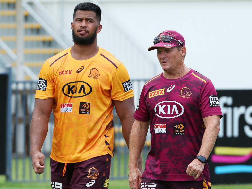 Payne Haas with coach Kevin Walters after training. Picture: Liam Kidston.