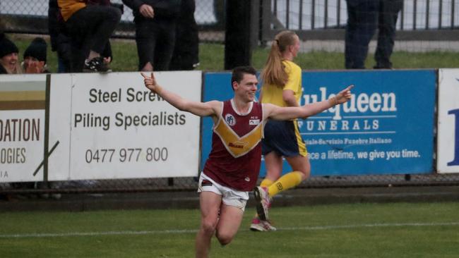 Ben Paterson celebrates his matchwinning goal for Lower Plenty. Picture: Mark Dadswell.