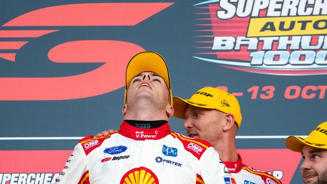 BATHURST, AUSTRALIA - OCTOBER 13: Scott McLaughlin driver of the #17 Shell V-Power Racing Team Ford Mustang and Alex Premat driver of the #17 Shell V-Power Racing Team Ford Mustang celebrate after winning the Bathurst 1000 on October 13, 2019 in Bathurst, Australia. (Photo by Daniel Kalisz/Getty Images)