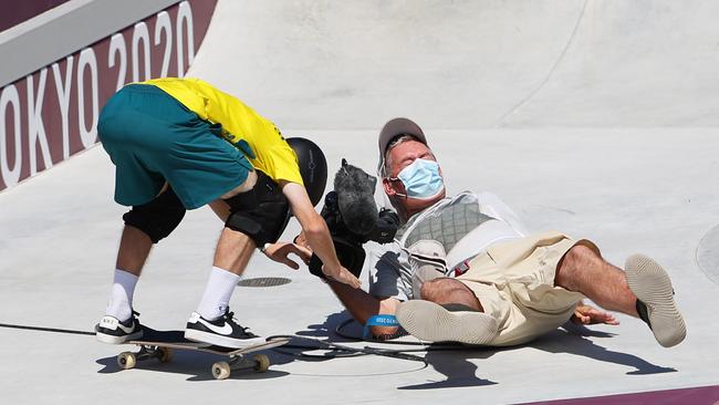 Kieran Woolley takes out a TV cameraman during his heats this morning. Picture: Jamie Squire/Getty Images