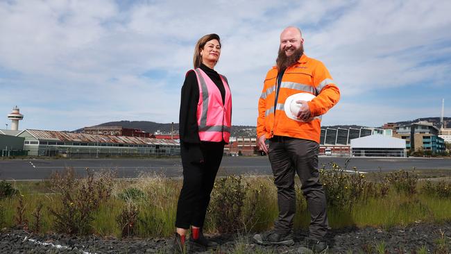 Macquarie Point Development Corporation CEO Mary Massina with Matt Ransley of Synergy, following the appointment of a contractor to begin remedial works at the site. Picture: Nikki Davis-Jones.